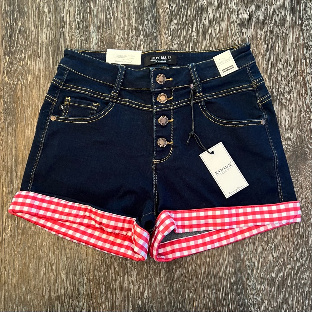 Judy Blue Dark Indigo High Waist Shorts with Red Gingham Cuffs
